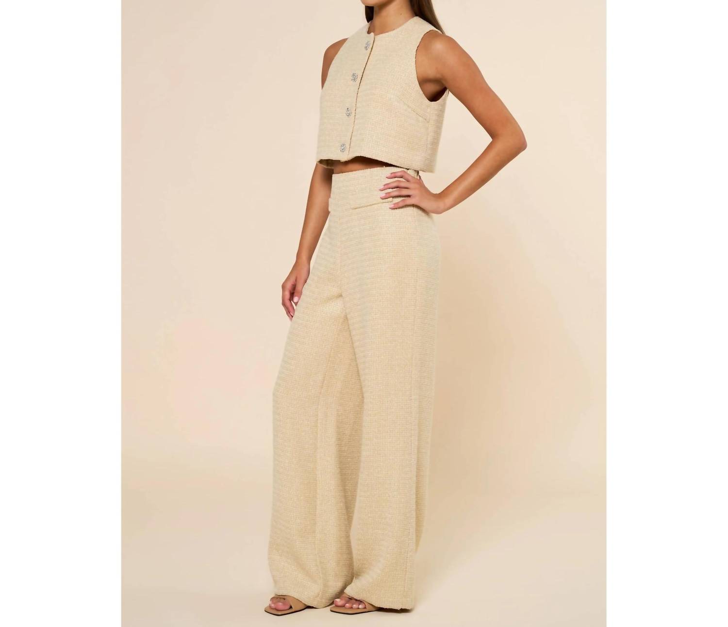 Lalavon - Sleeveless Tweed Cropped Top & Wide Leg Pants Set