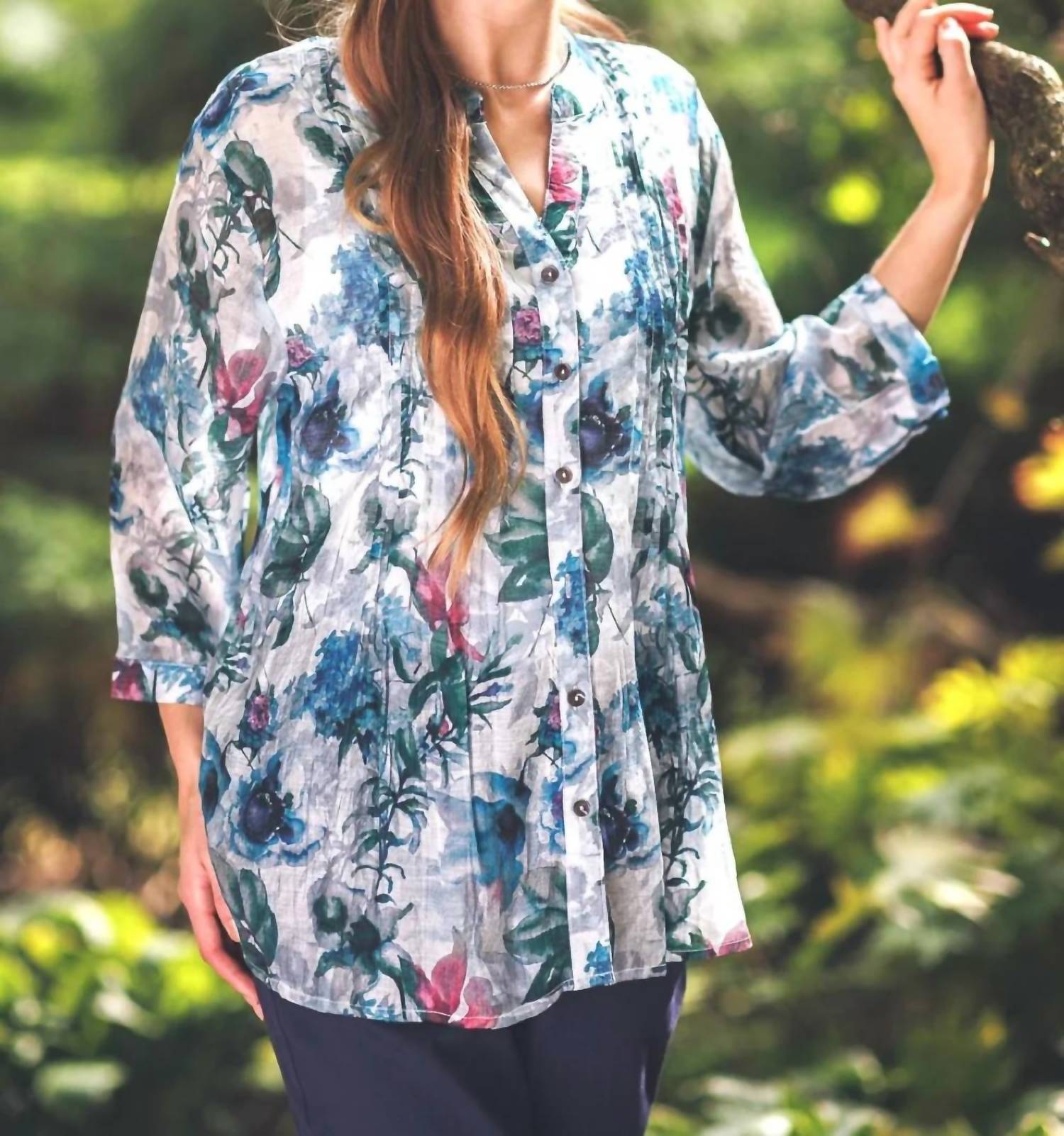Papillon - Floral Pintuck Button Front Blouse