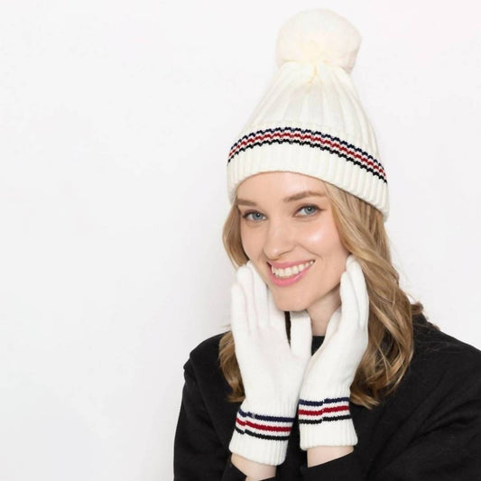 Judson & Company - Women's Stripe Details Knit Beanie With Faux Fur Pom Pom
