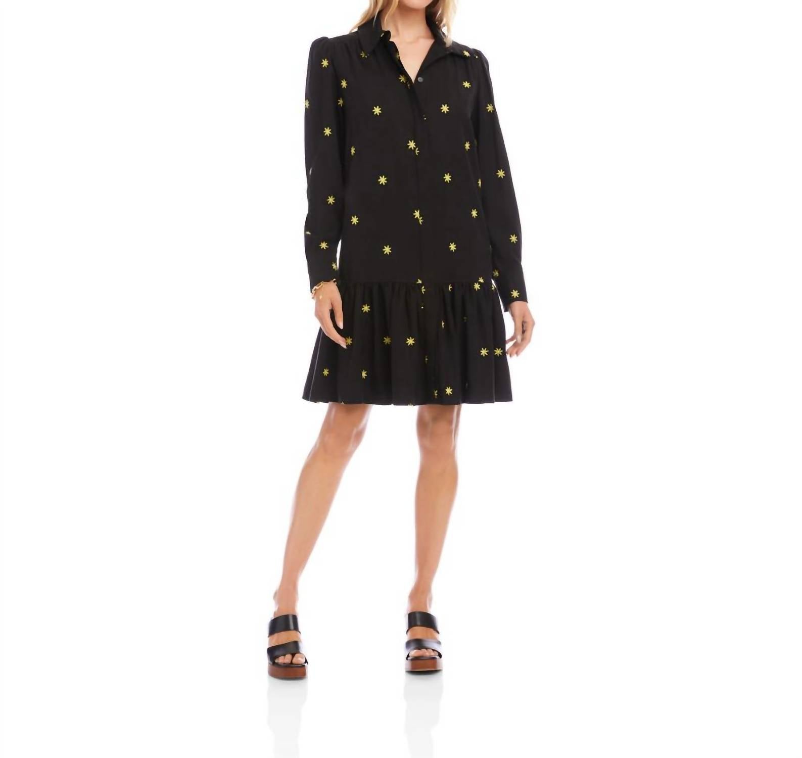 Karen Kane Long Sleeve Embroidered Ruffle Hem Dress in black - women's dress