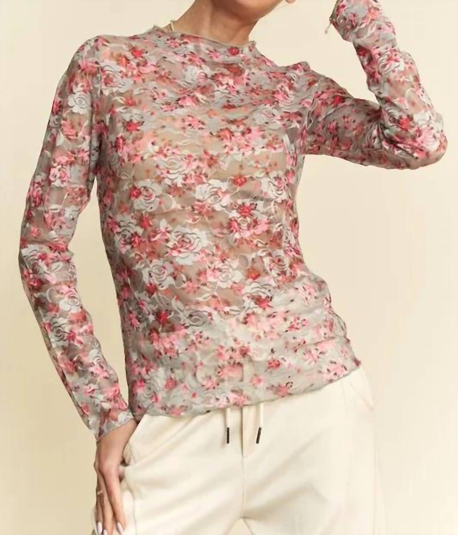 Davi & Dani - Floral Print Mesh Long Sleeve Layering Top