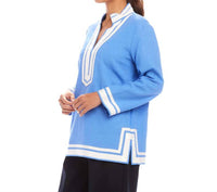 Karen Kane Boardwalk St Tropez Tunic Top in blue white - women's shirt - detail view