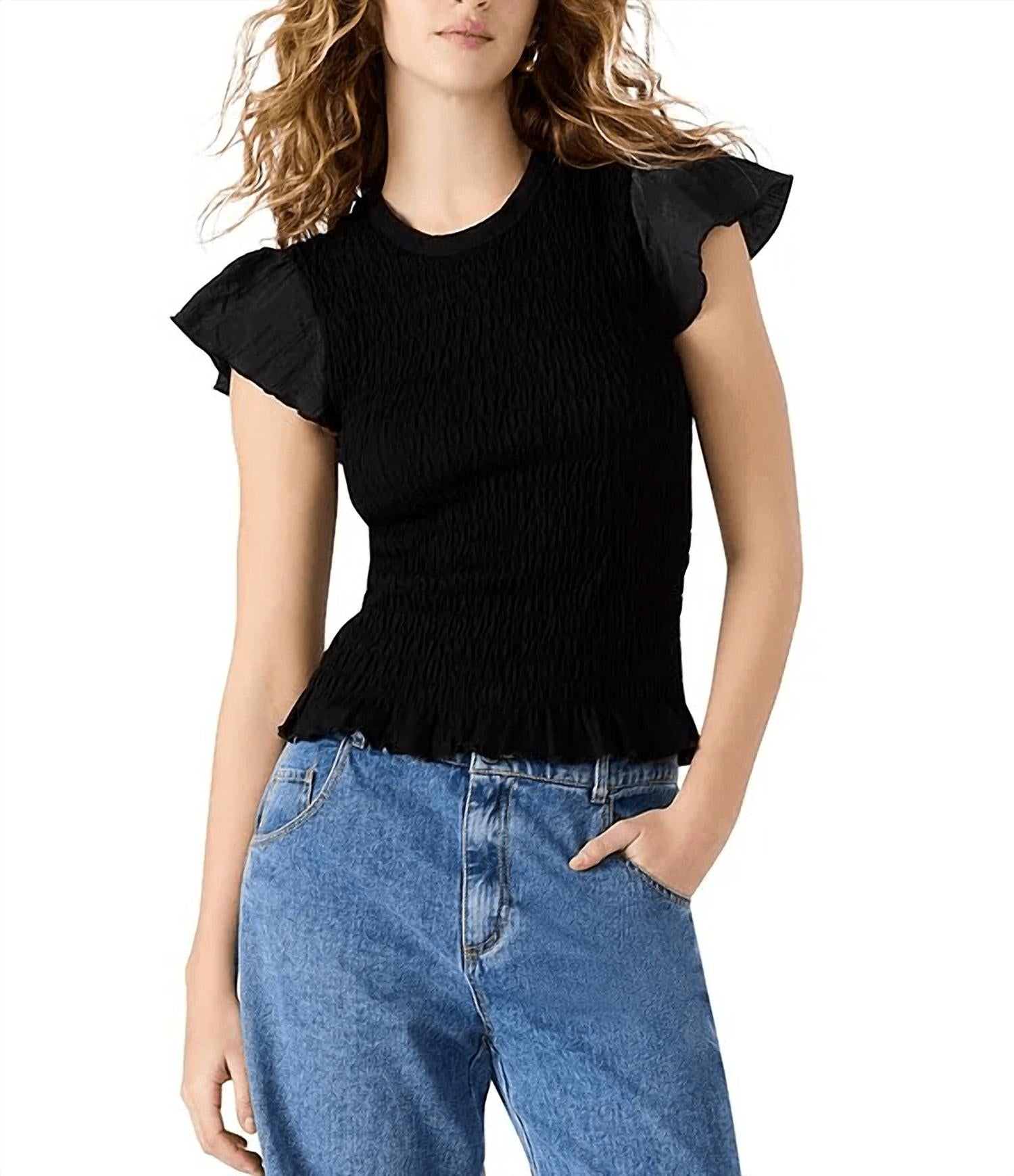 STEVE MADDEN Cecilie Crew Neck Short Sleeve Smocked Peplum Top - women's blouse