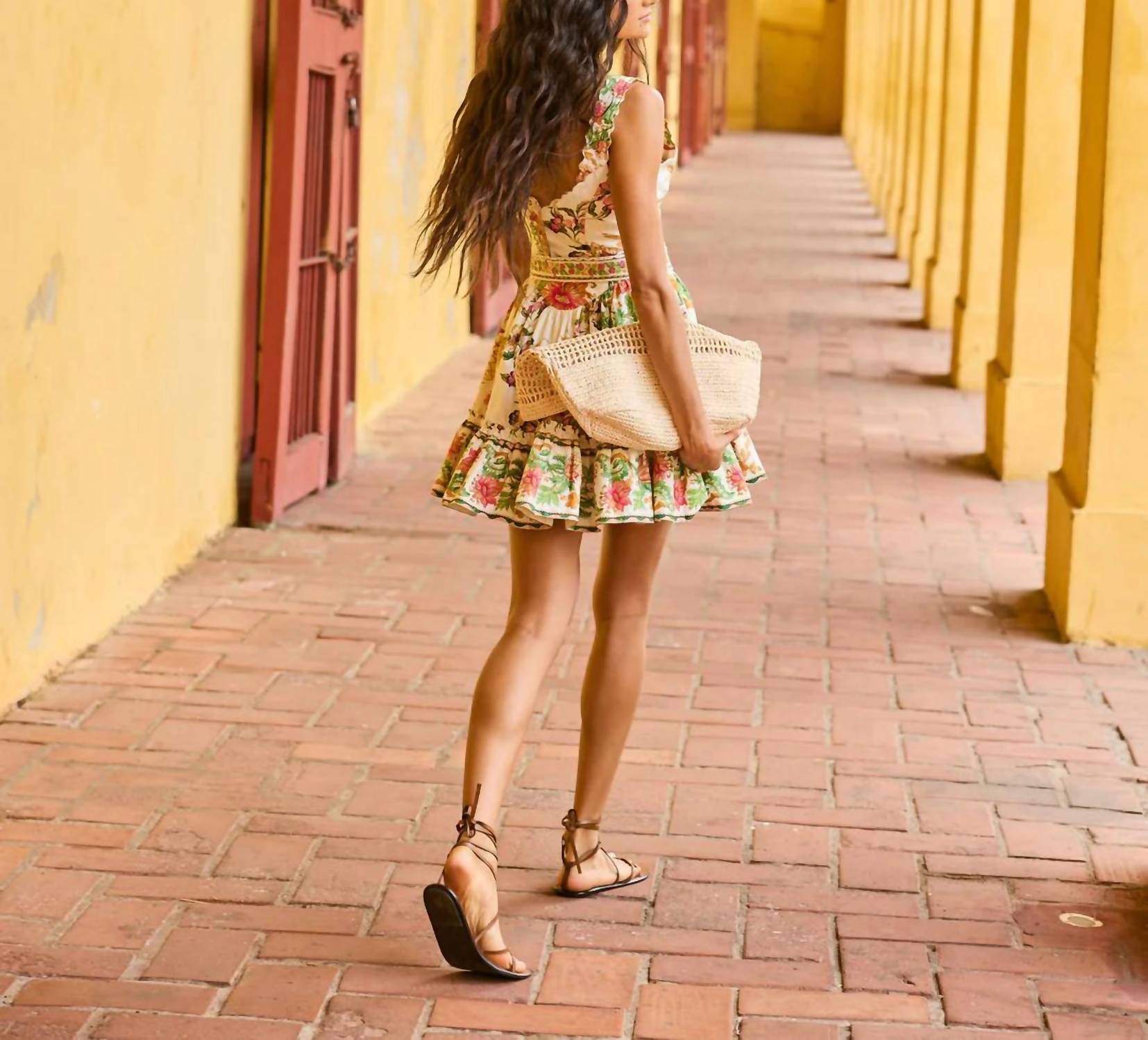 HEMANT & NANDITA Pahi Skater Dress in off white floral - women's dress - detail view