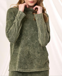 Angel Apparel Mock Neck Star Top in army - women's sweater - detail view
