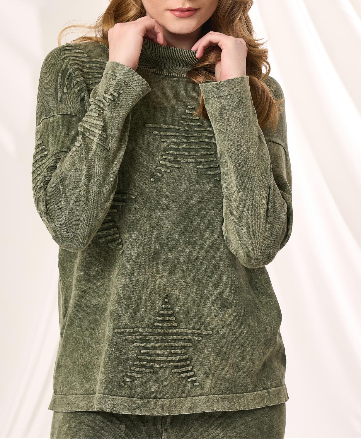 Angel Apparel Mock Neck Star Top in army - women's sweater - detail view
