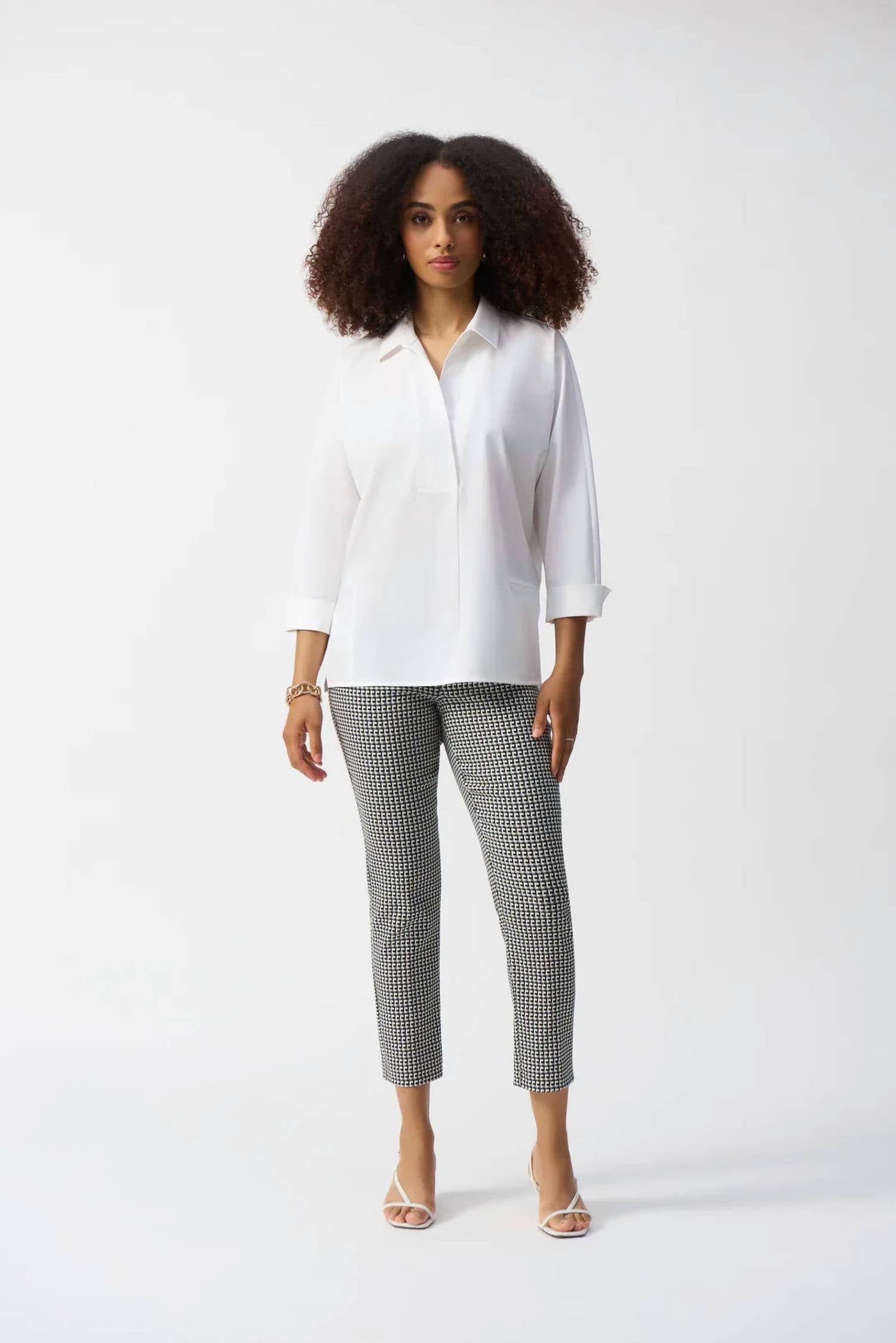 Joseph Ribkoff - V-neck Poplin Boxy 3/4 Sleeves Shirt