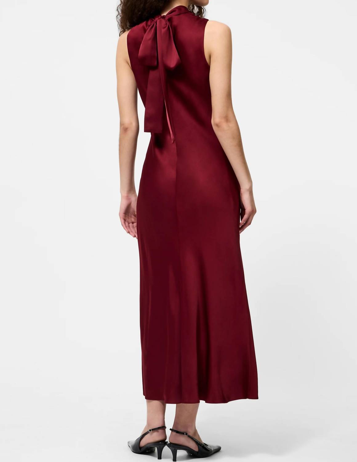 FRENCH CONNECTION Ennis Satin Slevless Bow Midi Dress in cabernet - women's dress - detail view
