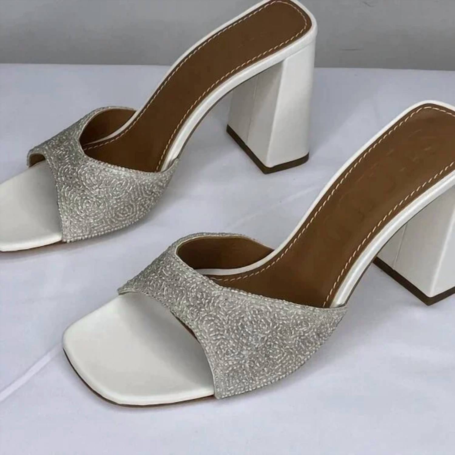 STAUD Women's Sloane Beaded High Block Heeled Sandals in white tan - women's sandal - detail view