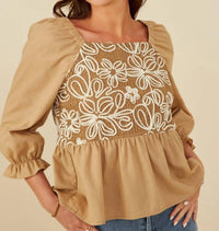 Hayden La - Floral Embroidered Mixed Media Peplum Top