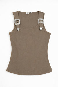 Pretty Garbage Buckle Tank Top in khaki - women's tank top - detail view