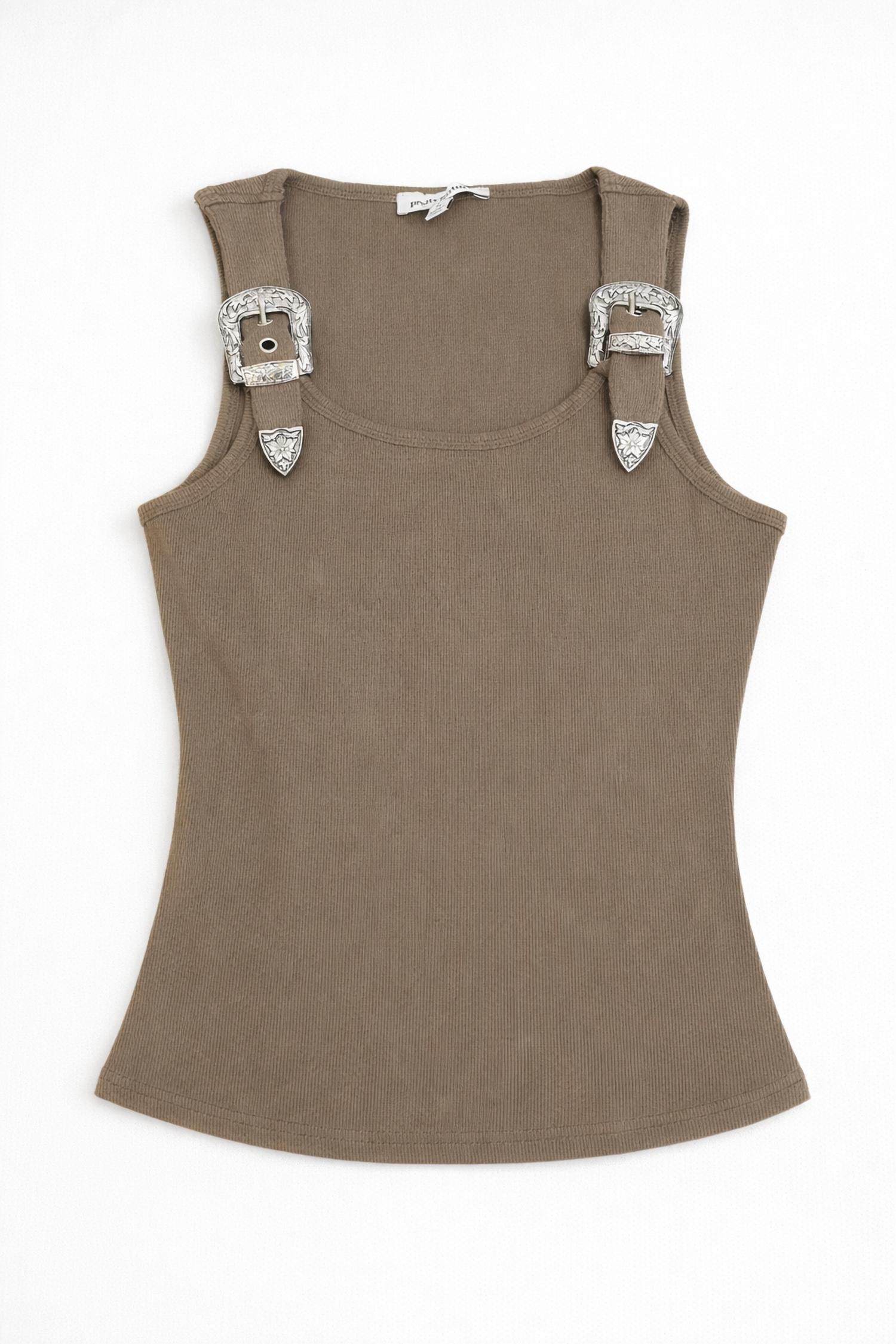 Pretty Garbage Buckle Tank Top in khaki - women's tank top - detail view