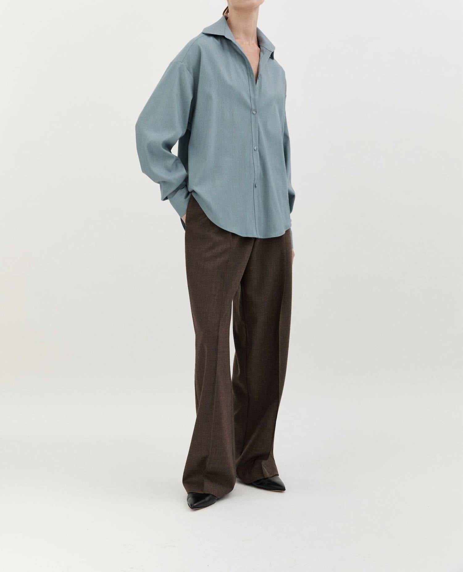 Hyde & Stone Classic Wool Long Sleeve Shirt in sky blue - women's shirt - alternate view