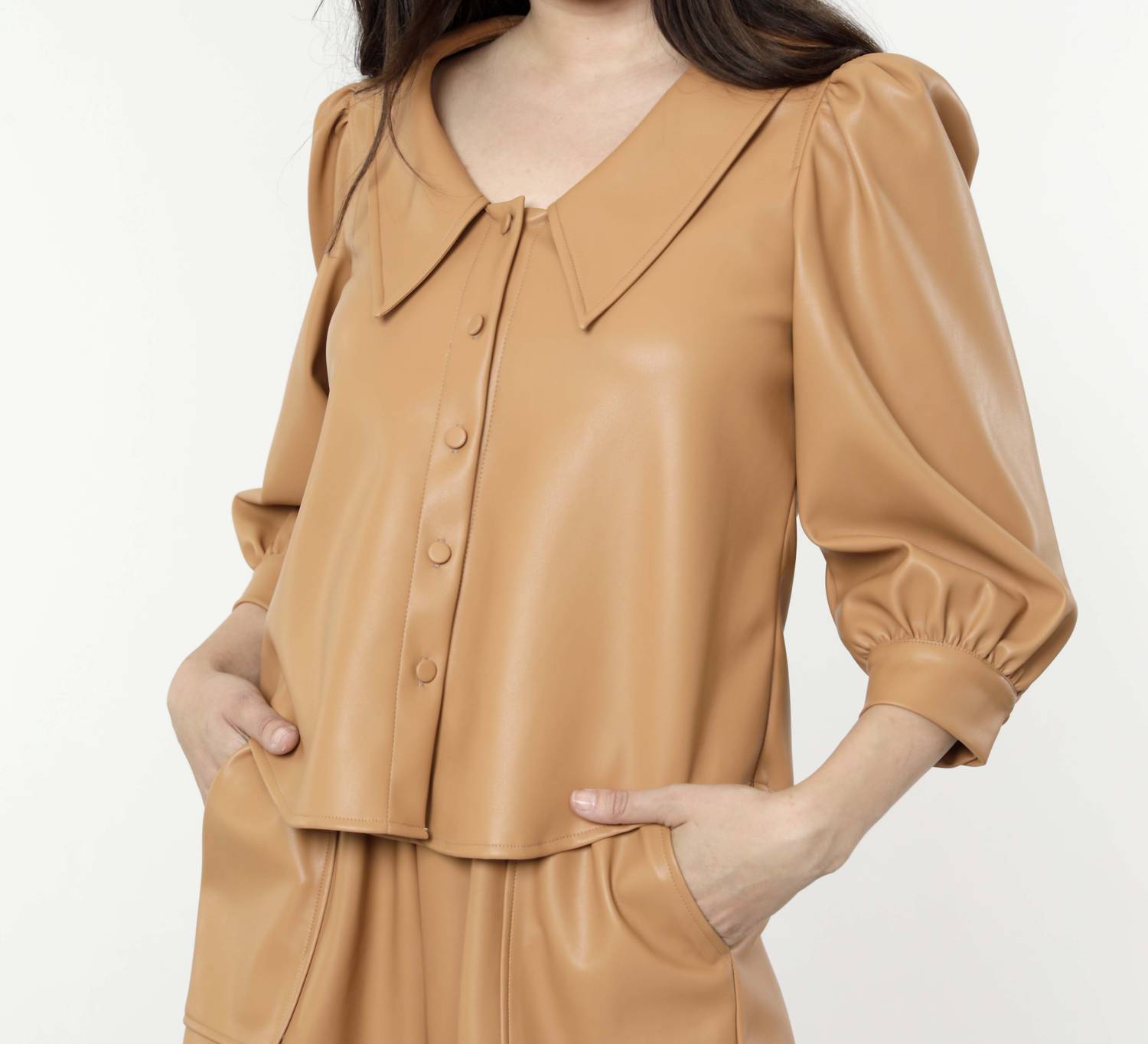Dolce Cabo - Hollie Faux Leather Blouse with Puff Sleeves