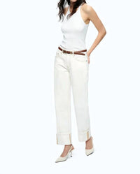 Bayeas - Mid Rise Cuffed Straight Leg Pants