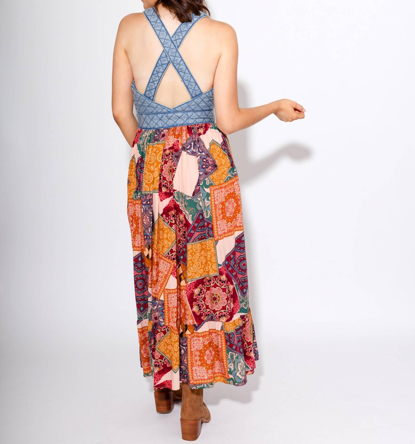 Fate - Washed Denim Quilted Bust Mix Media Dress