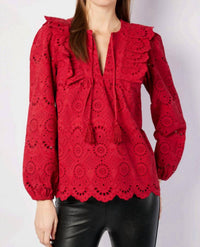 SAIL to SABLE Ruffle Front Top With Tassels in chili pepper - women's blouse