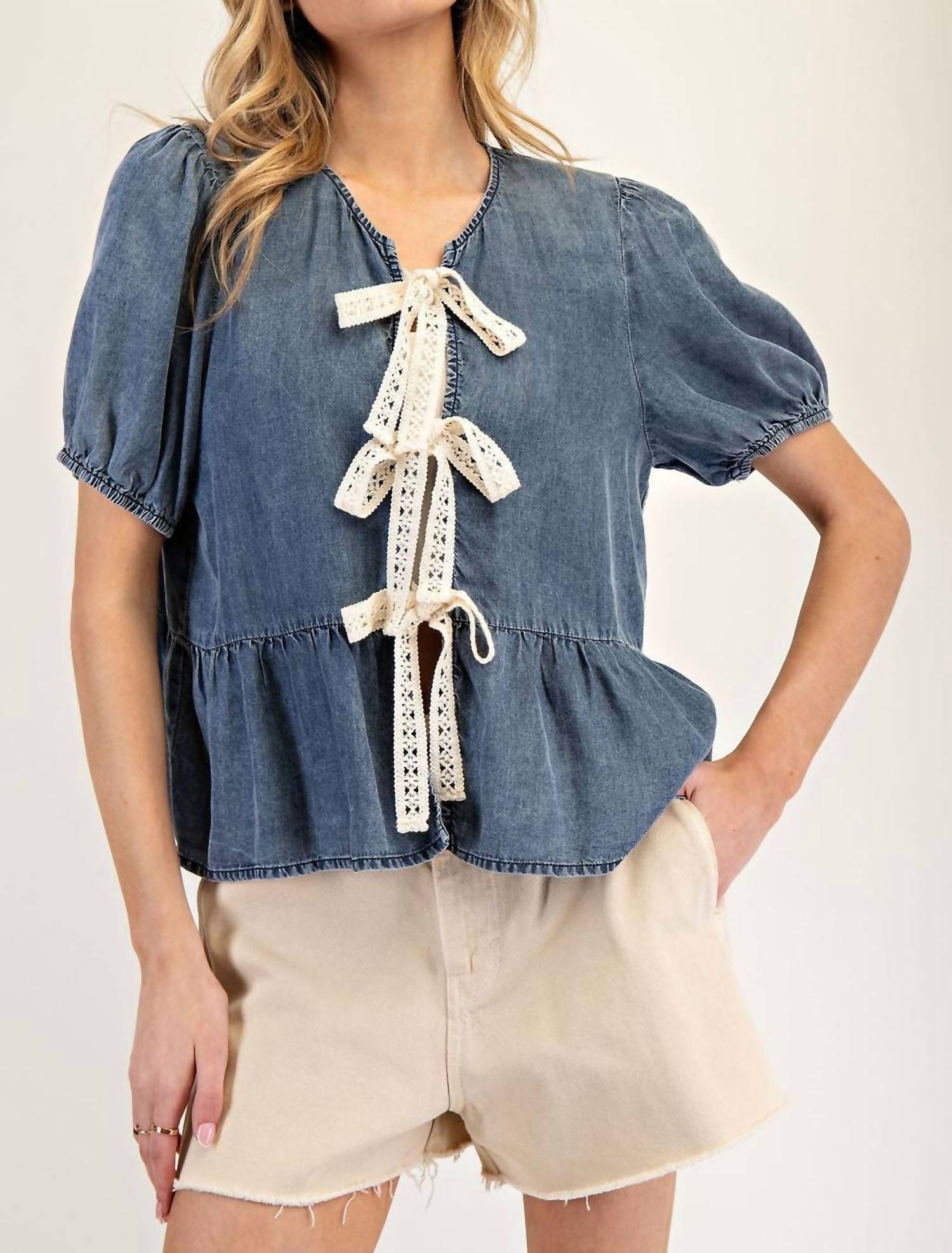 Ee:Some - Better With Lace Bow Denim Top