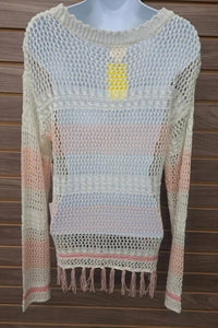 O & O - Women's See Thru Crocheted Fringed Sweater