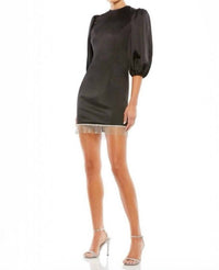 Mac Duggal - Short Satin Puff Sleeve Fringe Beaded Cocktail Mini Dress