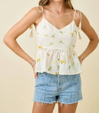 Day + Moon - Floral Embroidered Empire Waist Camisole Top