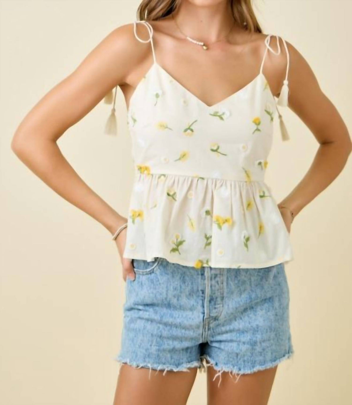 Day + Moon - Floral Embroidered Empire Waist Camisole Top