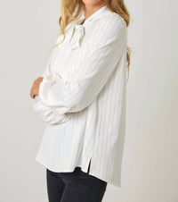 mystree Ribbon Tie Stripe Top in ivory - women's blouse - detail view
