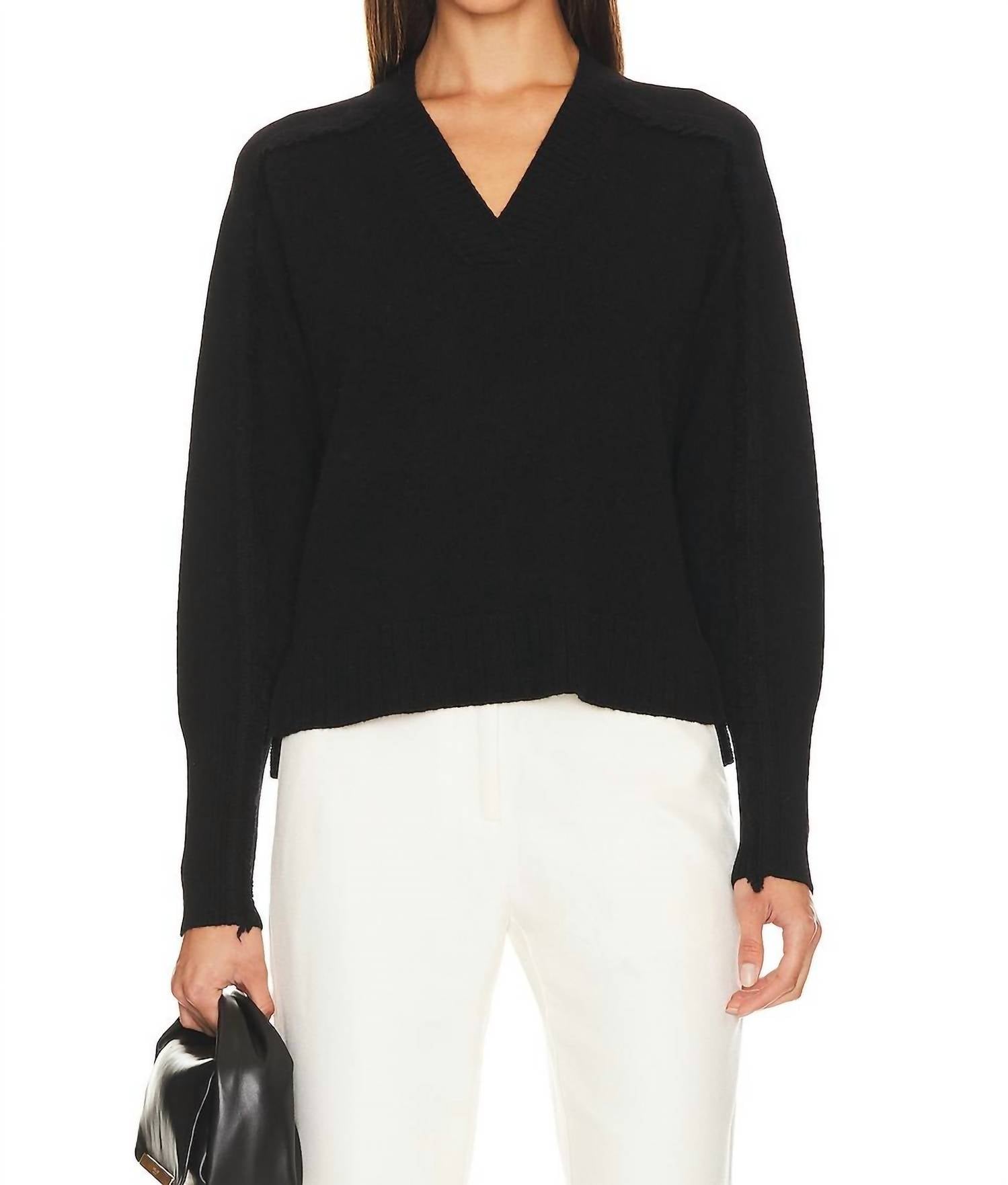 Brochu Walker Jolie Fringe Vee Sweater in black onyx - women's sweater