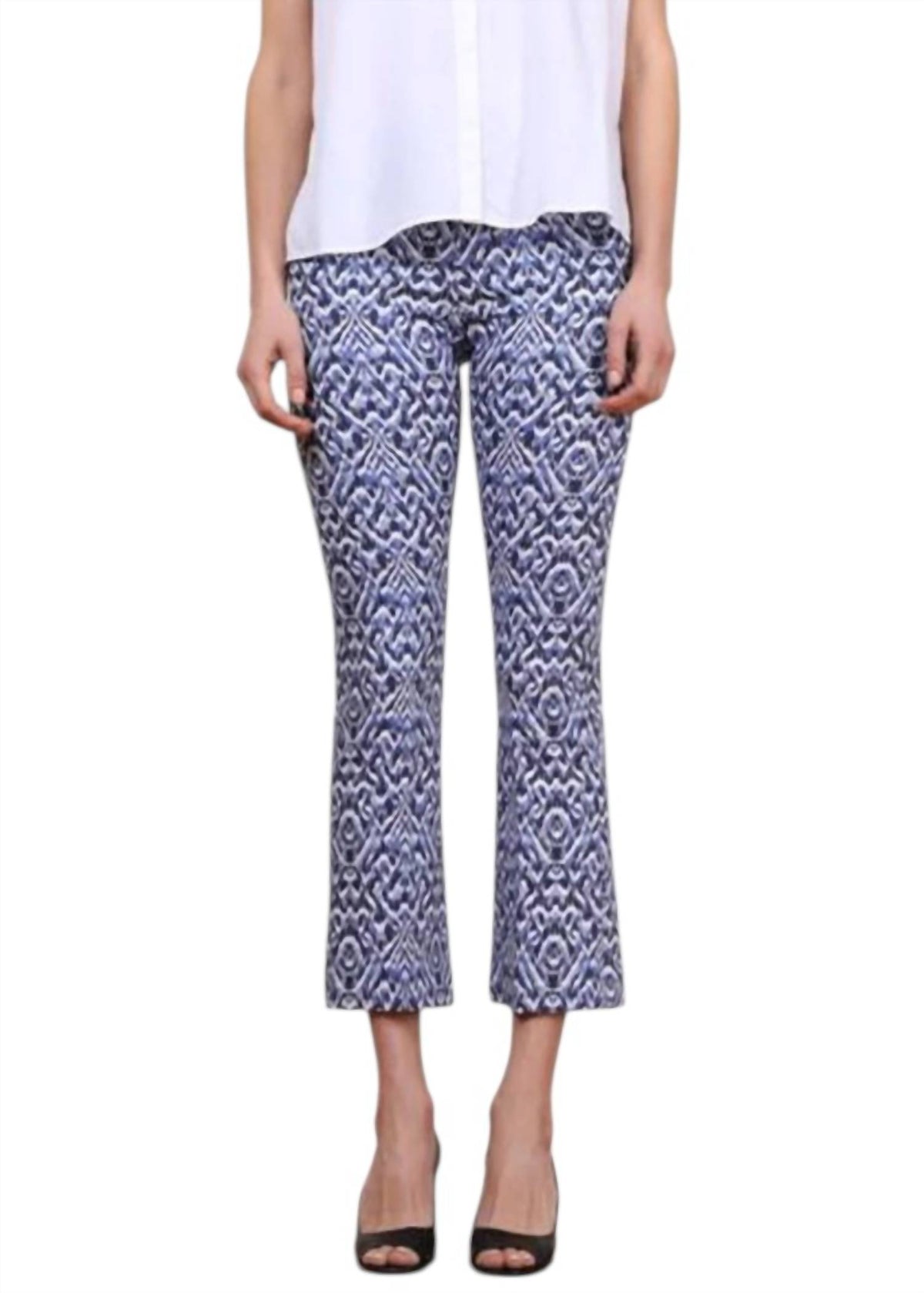 Avenue Montaigne Leo Flare Cut Leg pants in ikat blue - women's pants - detail view