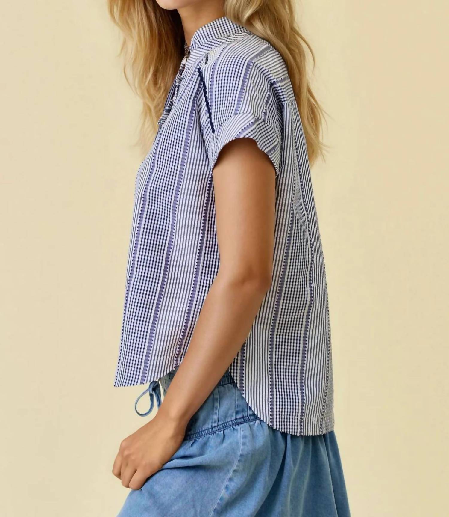 Doe And Rae - Stripe & Gingham Button Down Detail Top