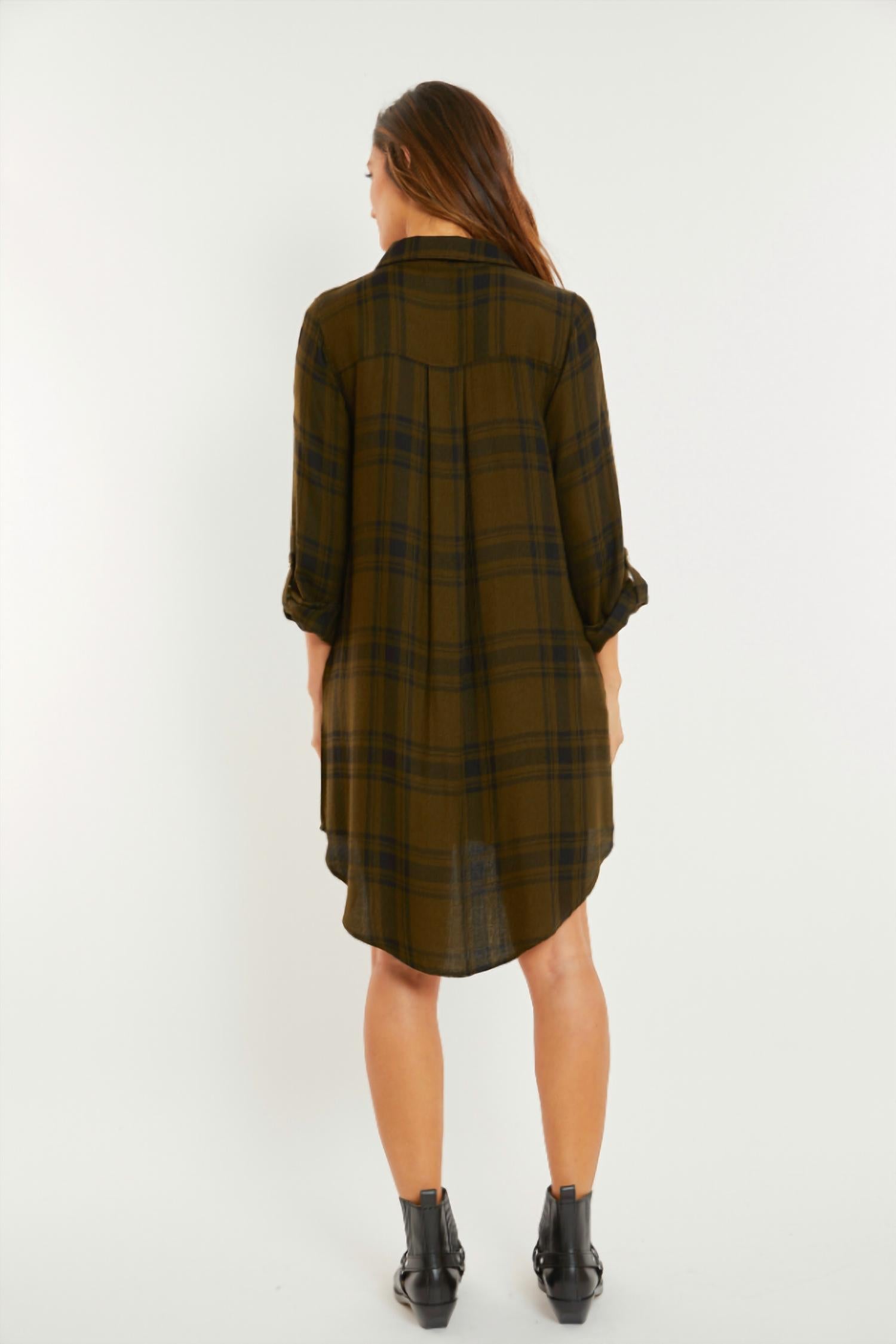 Mododoc - Long Sleeve Plaid Shirt Dress