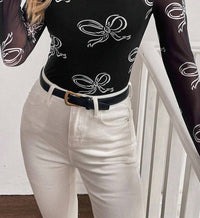 Shewin - Roundneck Bow Print Long Sleeve Mesh Top
