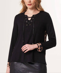 Angel Apparel Lace Up Detail Top in black leopard - women's long sleeve top