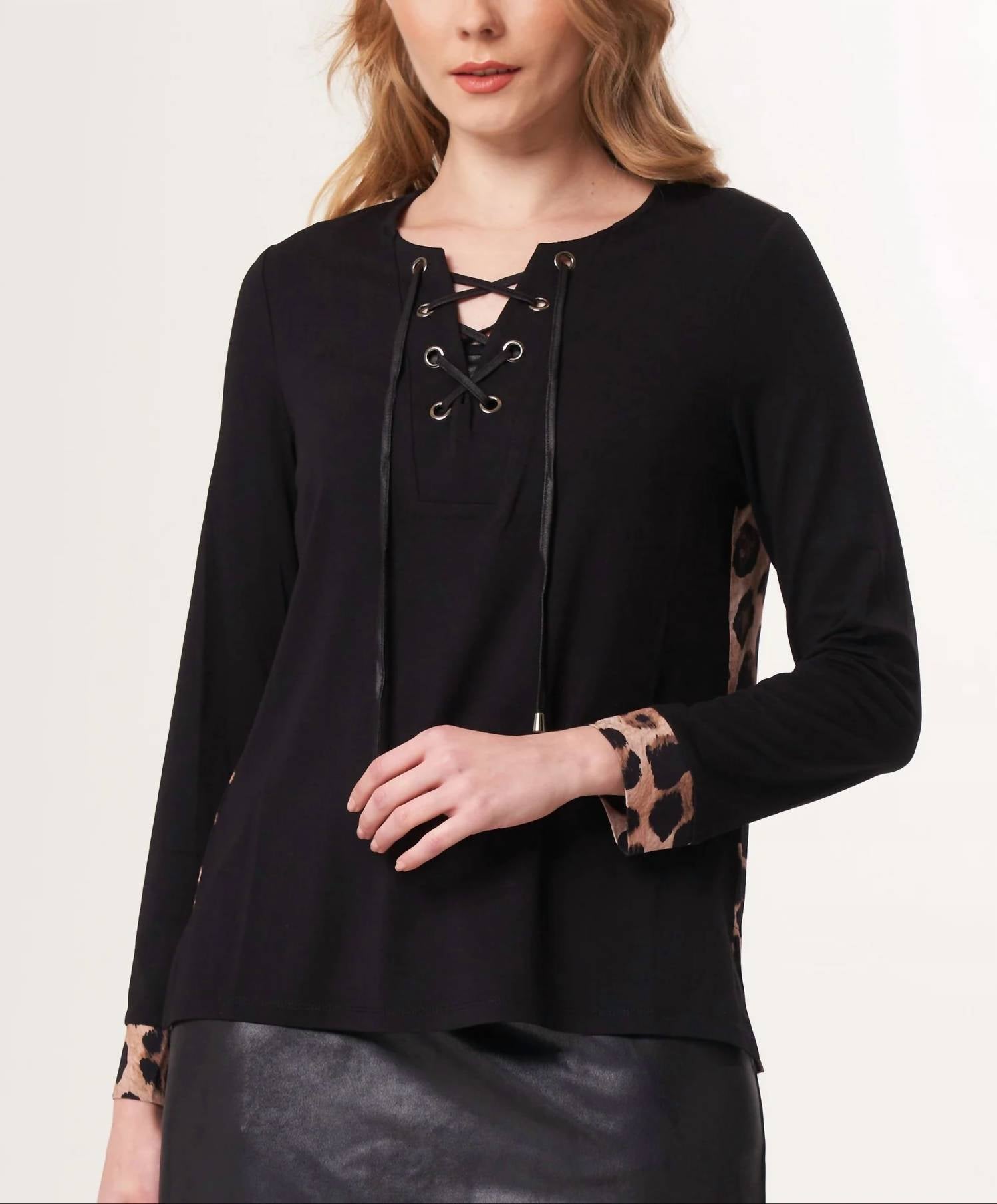 Angel Apparel Lace Up Detail Top in black leopard - women's long sleeve top