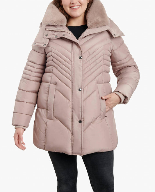 London Fog - Plus Size Zip-front Hooded Puffer Jacket With Button-off Fur Collar