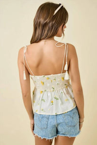 Day + Moon - Floral Embroidered Empire Waist Camisole Top