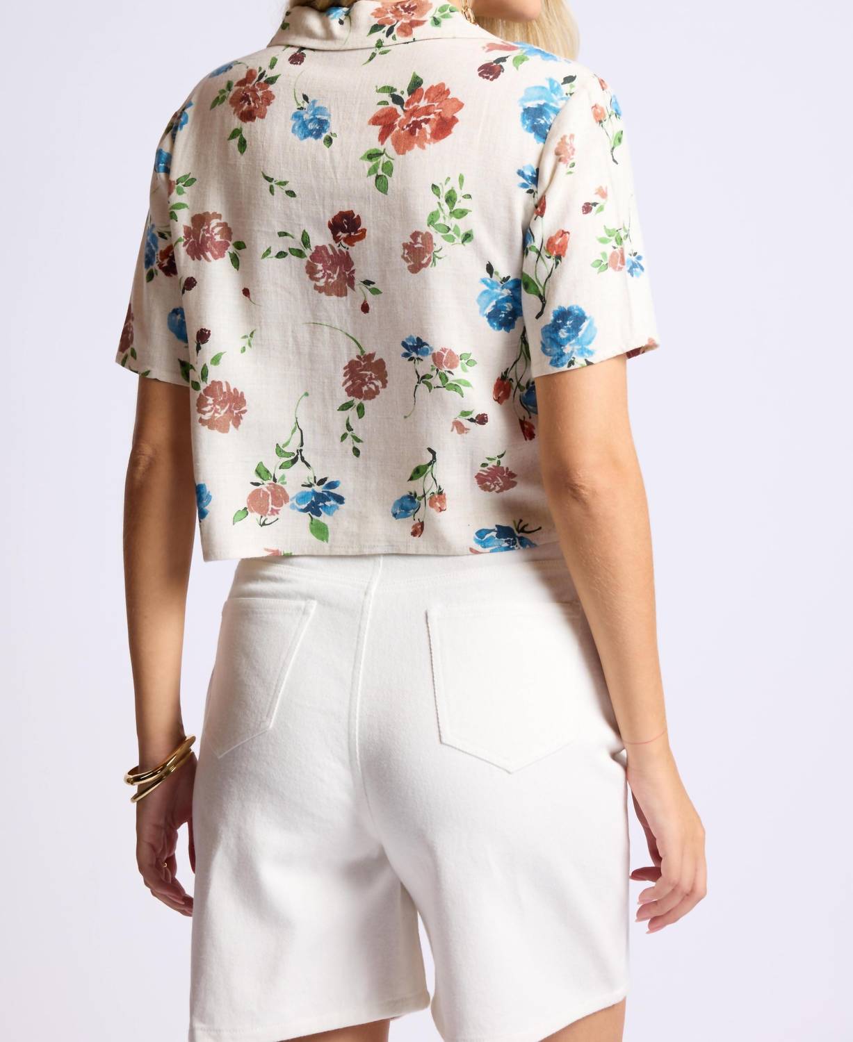 SAGE THE LABEL Pressed Flowers Cropped Shirt in natural multi - women's shirt - alternate view