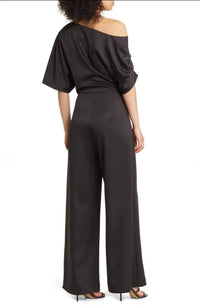 ELLIATT Amari Off Shoulder Wide Leg Satin Jumpsuit in black - women's pants - detail view
