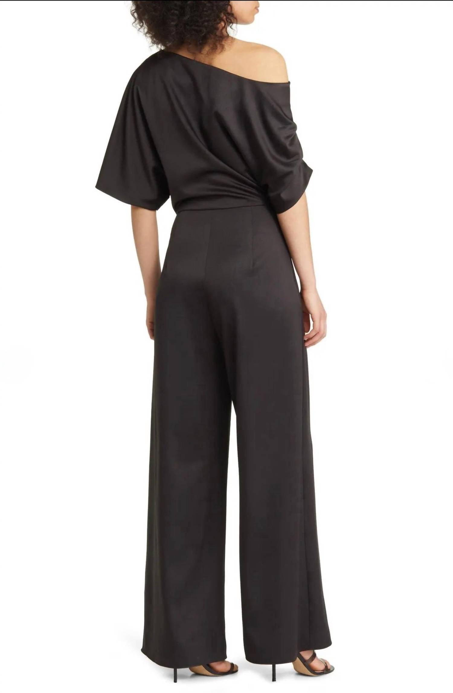 ELLIATT Amari Off Shoulder Wide Leg Satin Jumpsuit in black - women's pants - detail view