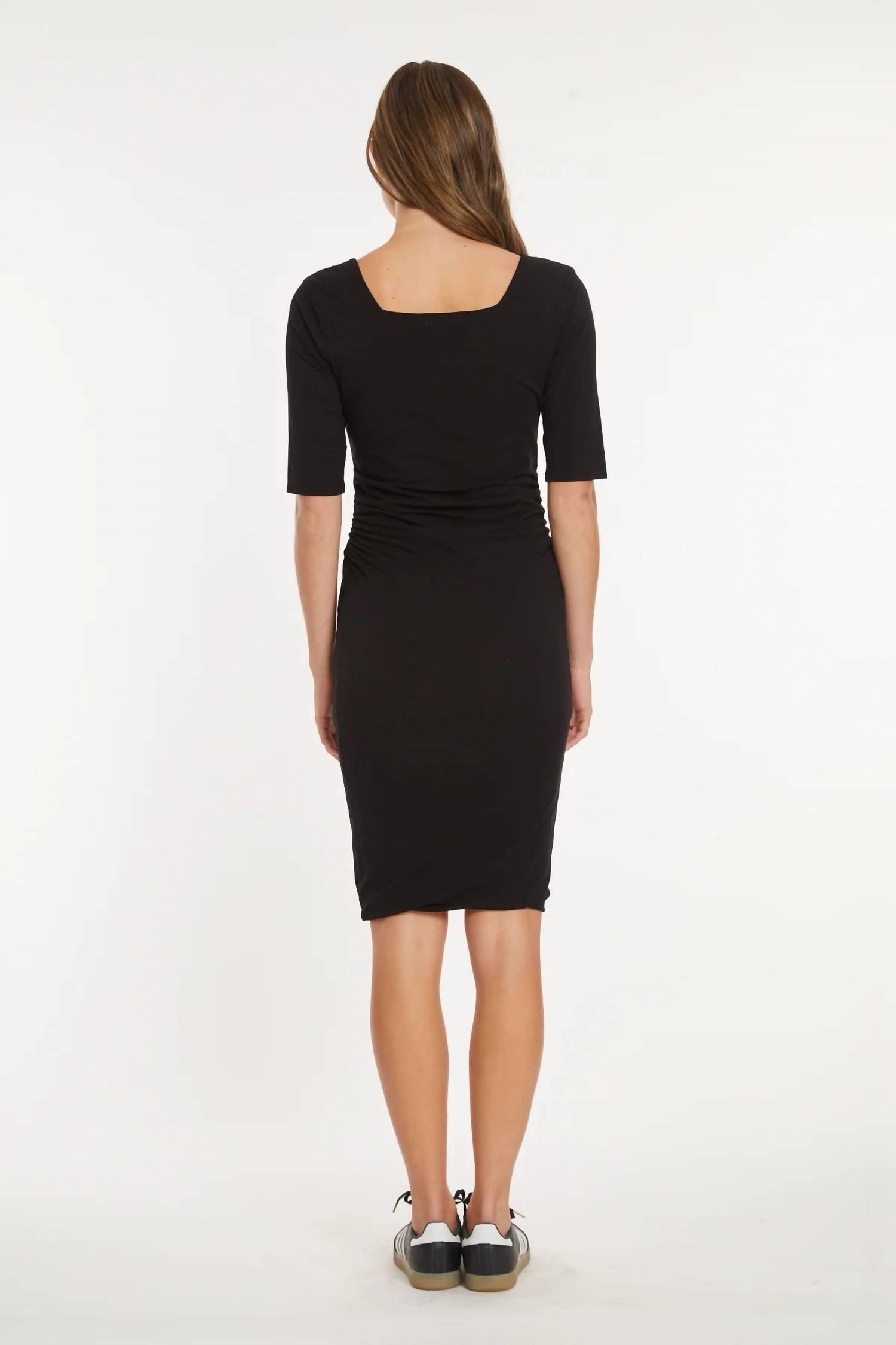 Mododoc - Elbow Sleeve Below The Knee Ruched Dress