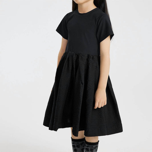 Kids Waisted Blouson Loose Pleat Dress