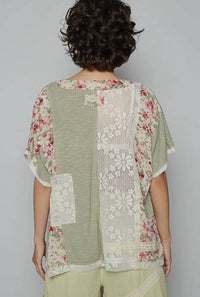 Pol - Sheer Strip Floral Patch Oversize Top