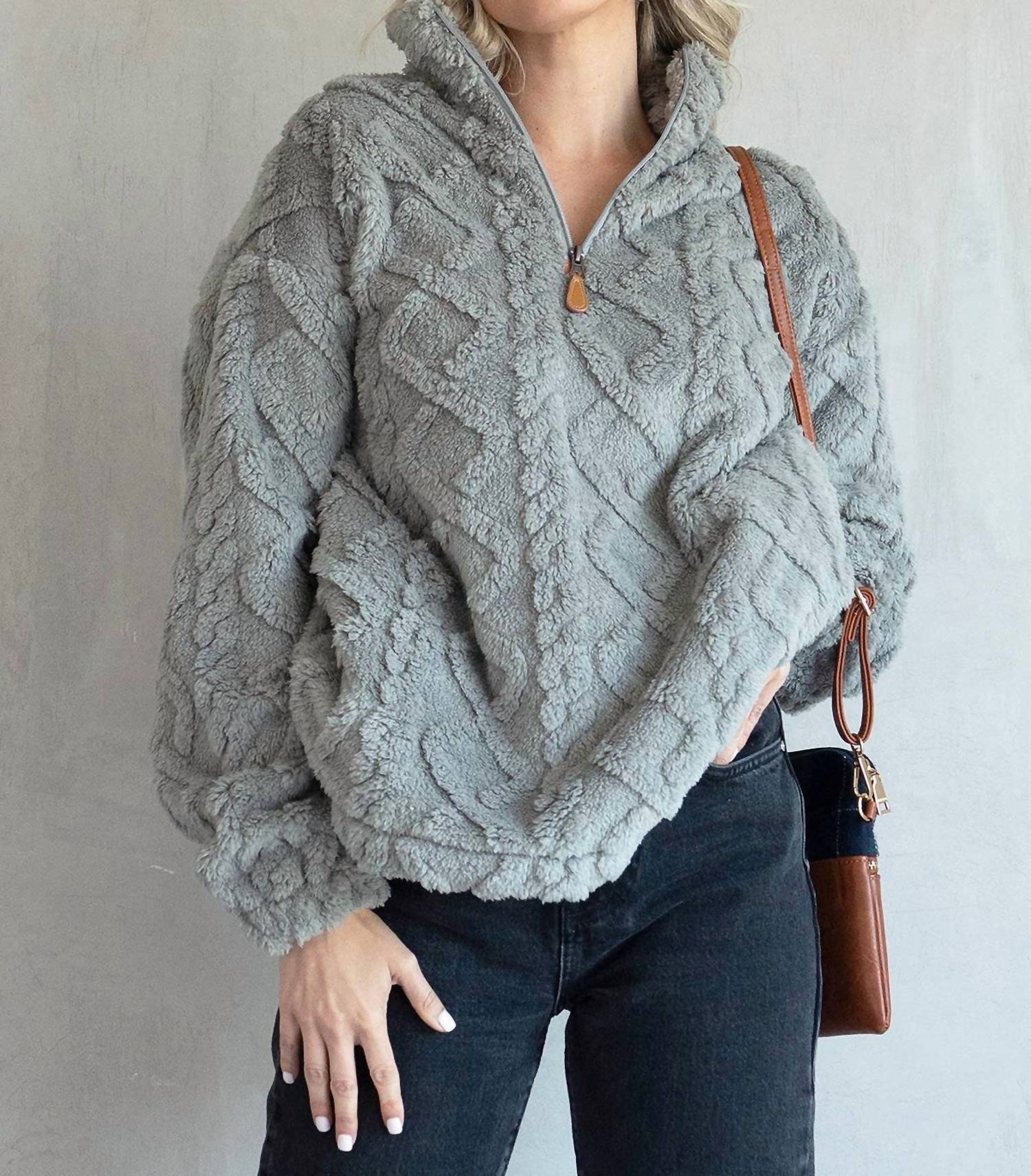 JNC RT Women's Sherri Textured Sherpa Top in grey - women's top