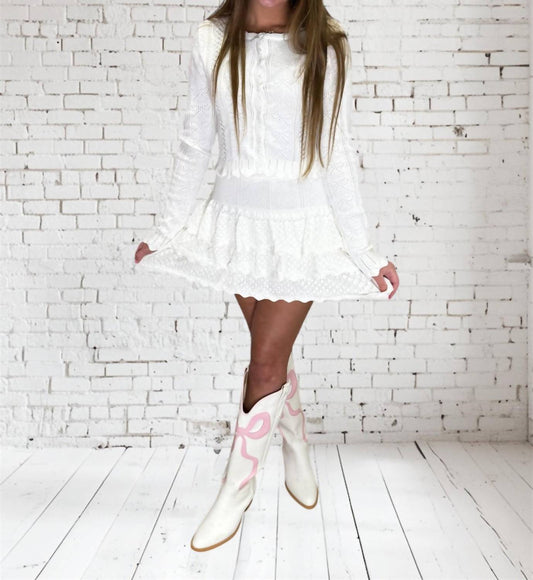 Mable - Women's Bow Knit Button Top And Skirt Set