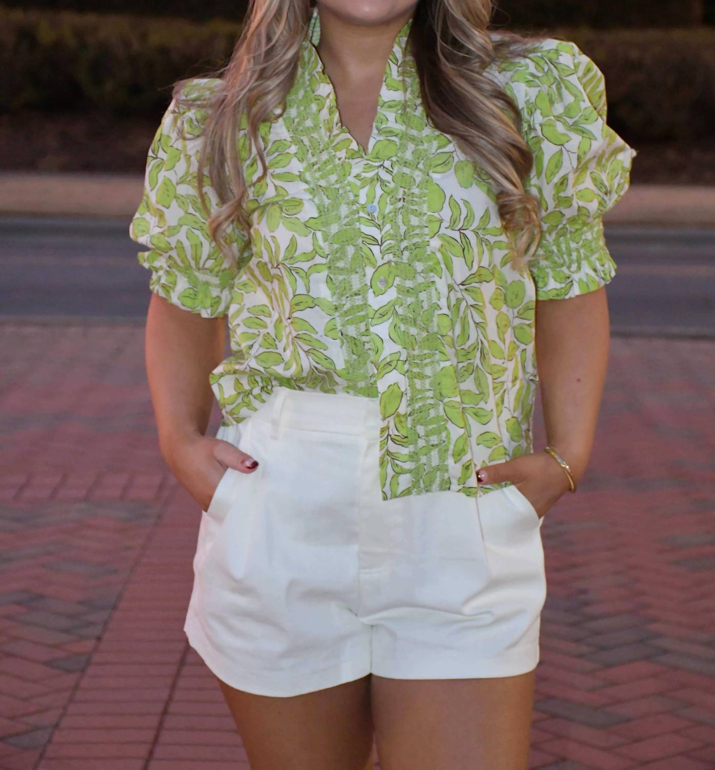 Glam - Ruffle V-neck Smocked Puff Sleeve Blouse