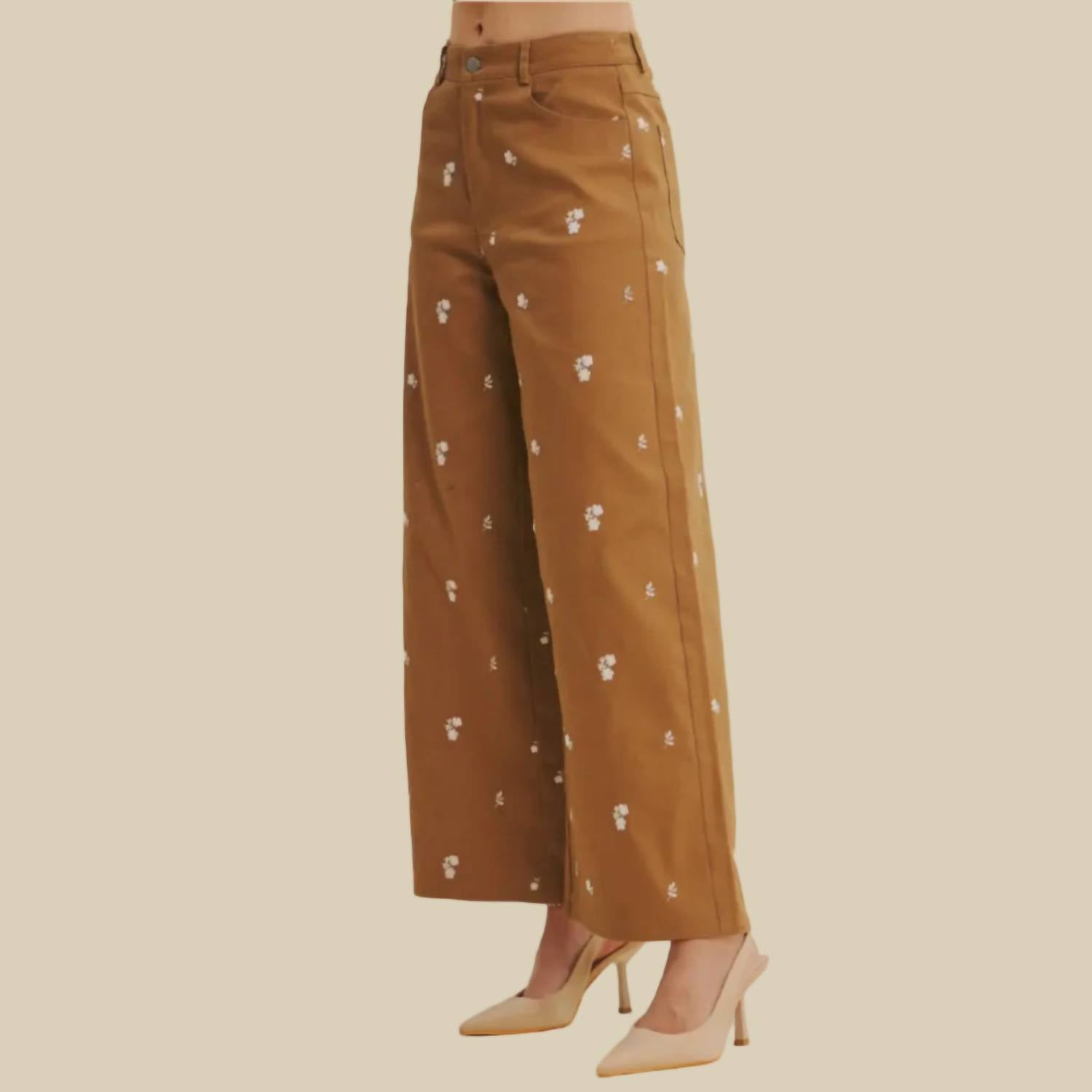 In February Nelli Floral Pants in camel - women's pants - detail view
