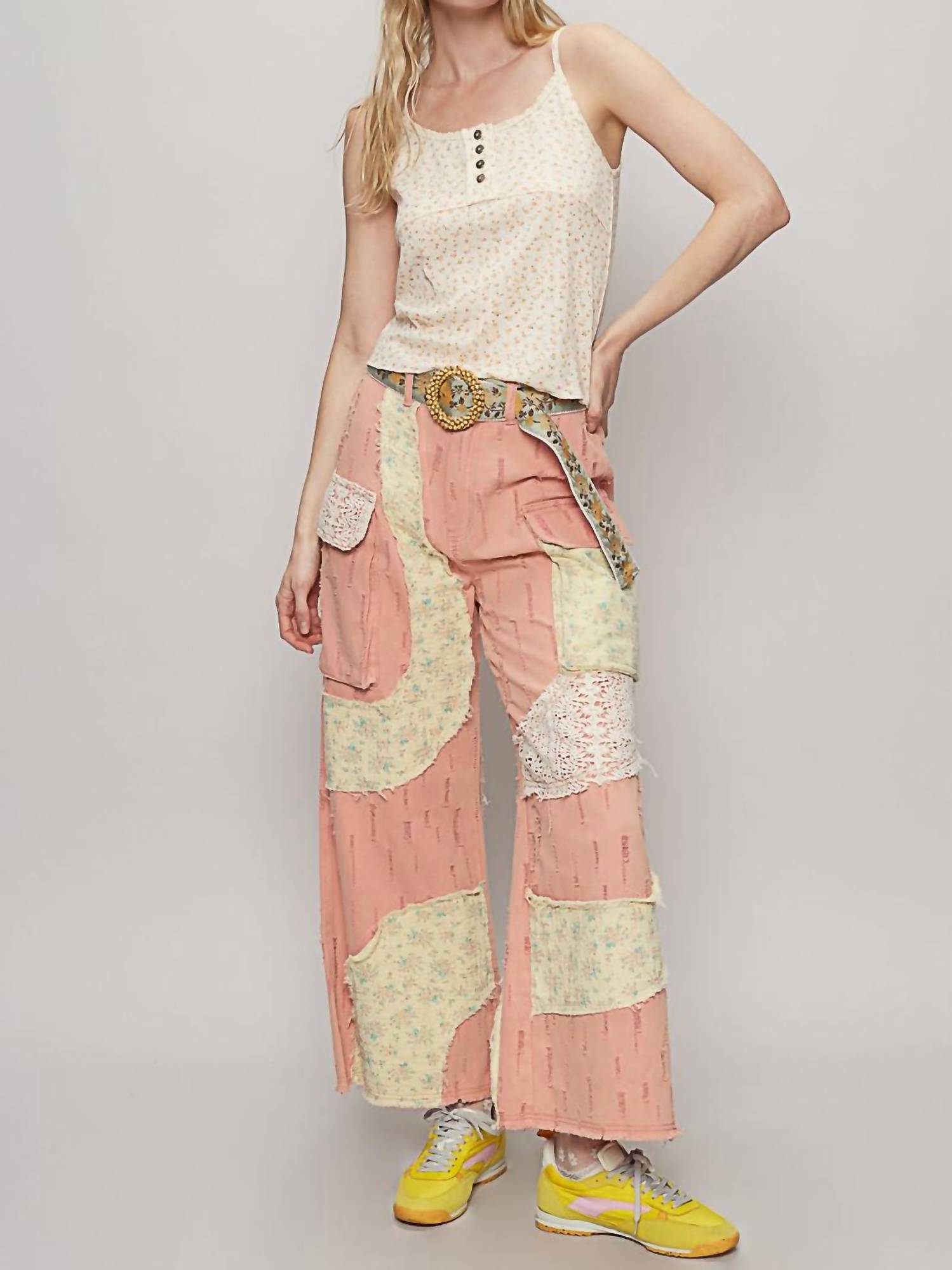 POL Wavy Patchwork Printed Denim Pants in watermelon - women's jeans