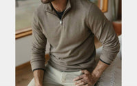 The Normal Brand Men's Puremeso Weekend Quarter Zip Top in taupe - men's long sleeve top