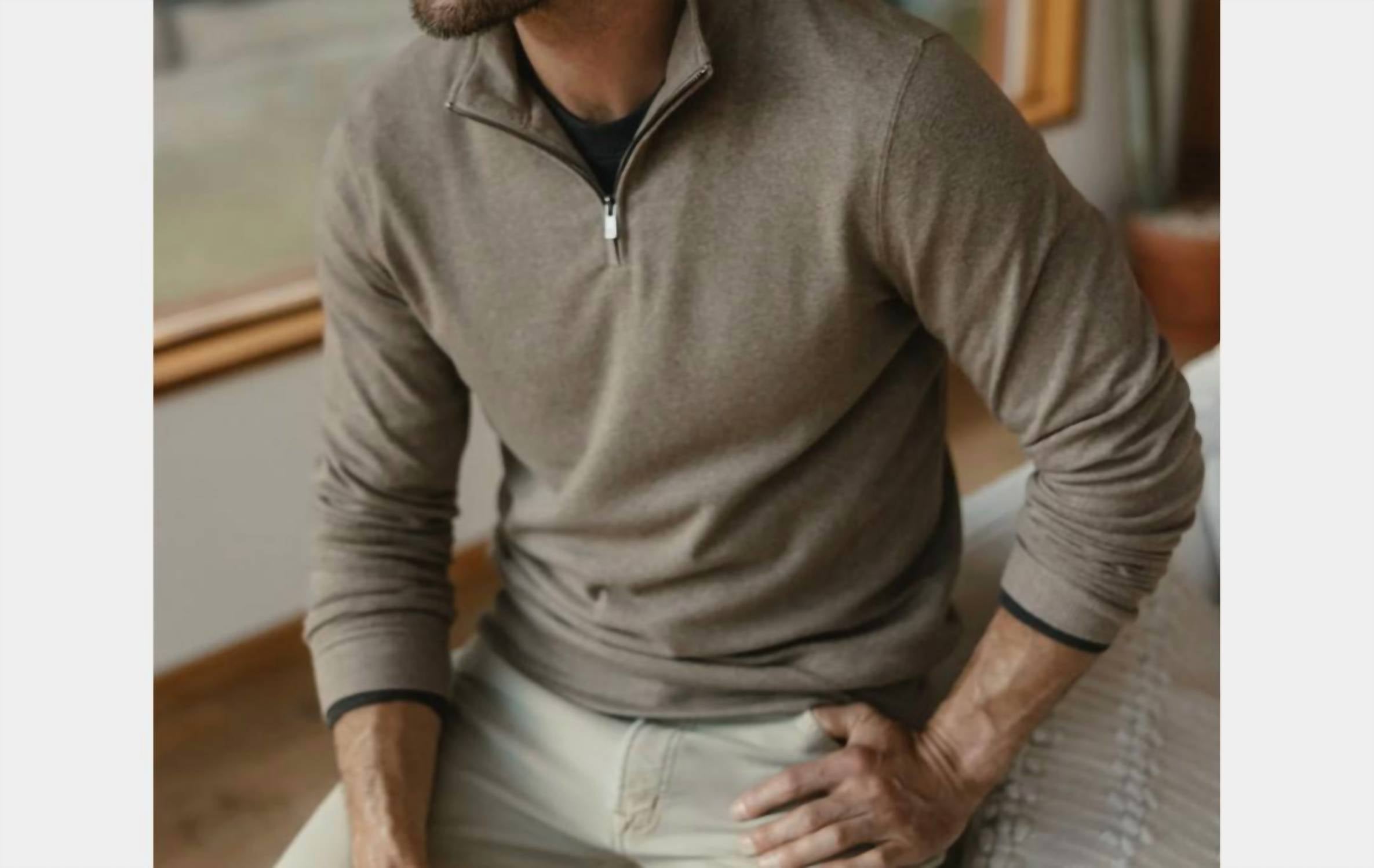 The Normal Brand Men's Puremeso Weekend Quarter Zip Top in taupe - men's long sleeve top