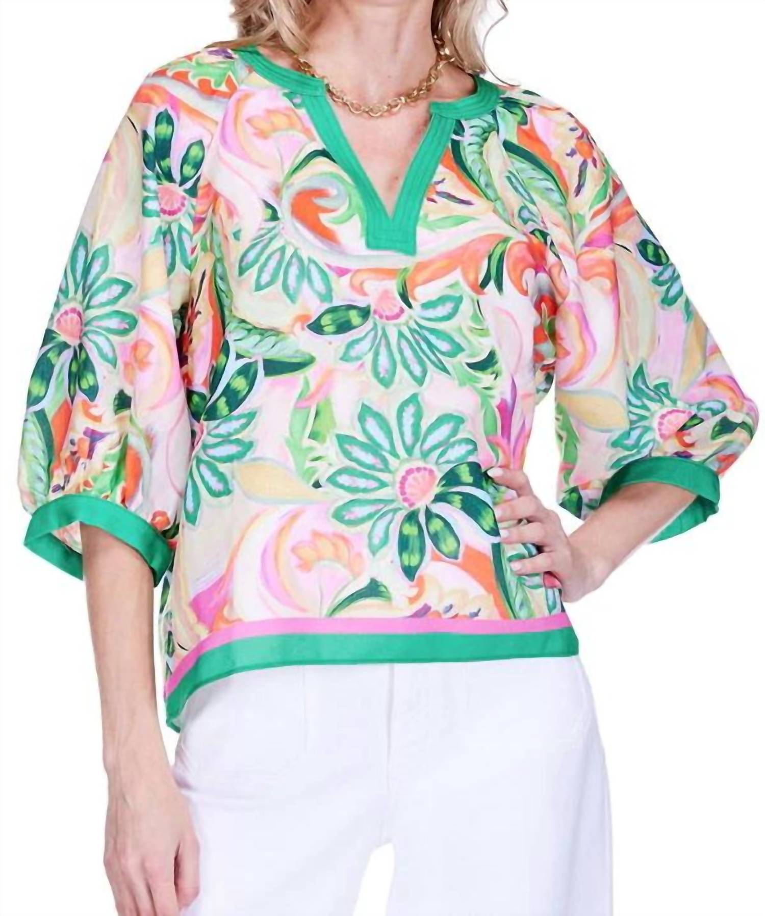 Joy Joy Stitch Trim V-neck Top in patchwork green - women's blouse - detail view